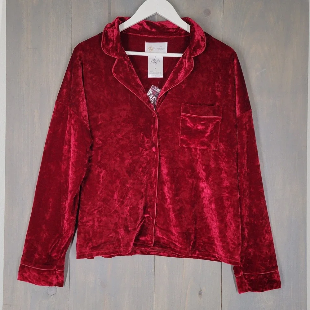 Lord & Taylor Pajama Top Womens Large Red Crushed Velvet Button Down Long Sleeve